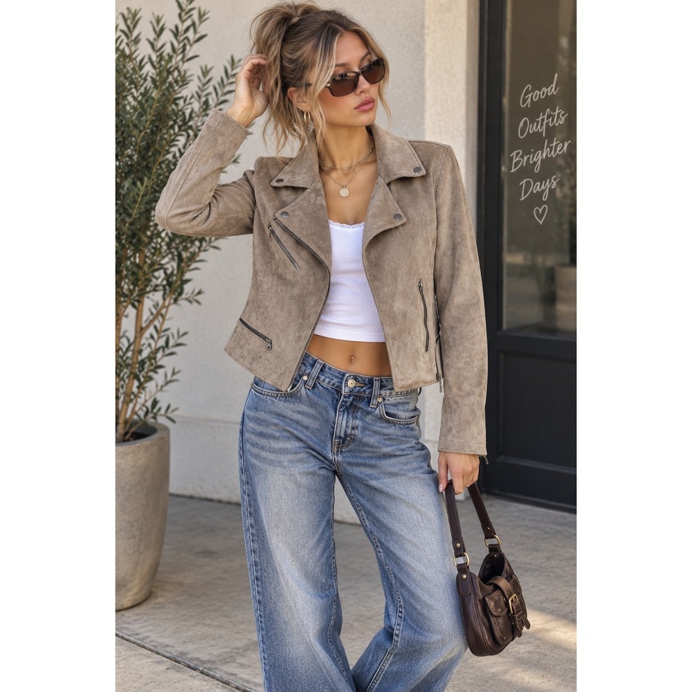 BLANKNYC Women's Large Taupe Minimalist Moto Jacket Y2K Biker Zip Quiet Luxury